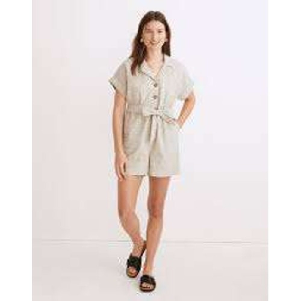 Madewell Seersucker Camp Romper Sage Green Button Front Tie Waist NF853 Medium